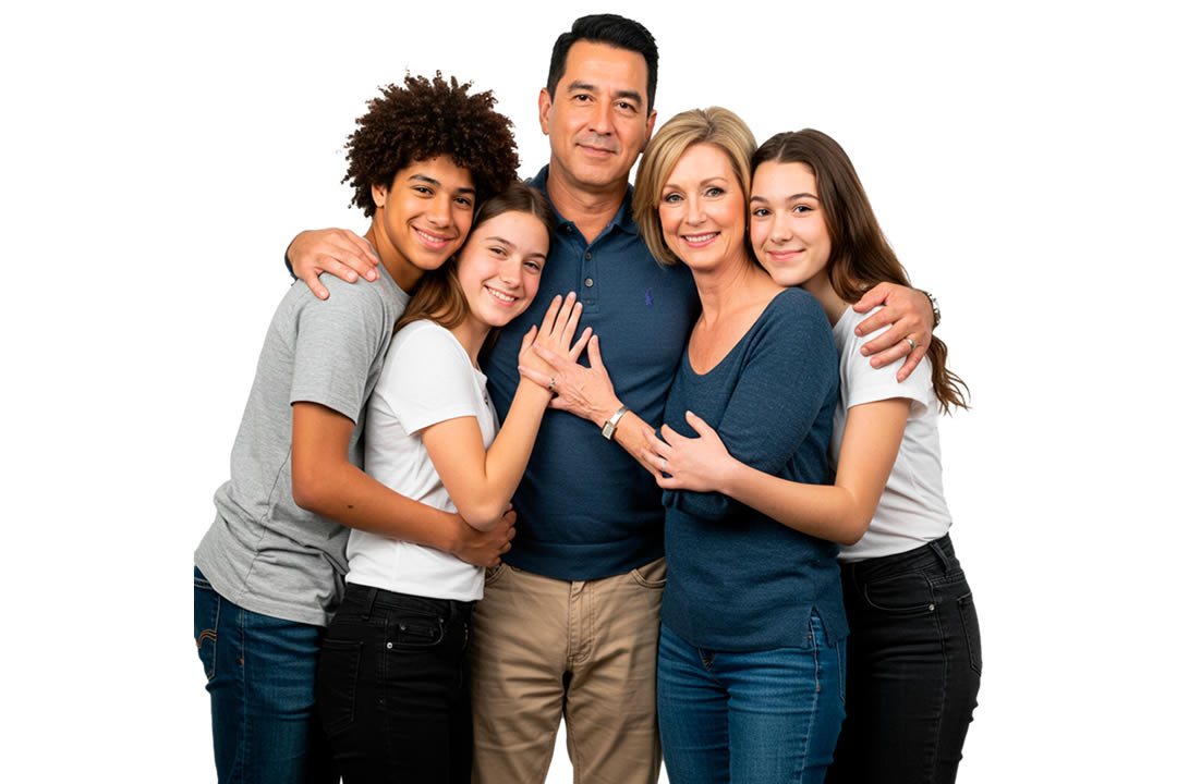 Happy family with son using mobile apps together at home